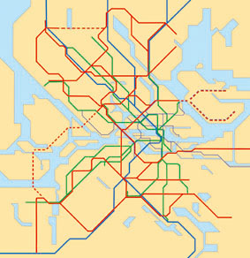 Tunnelbanekarta enligt Alternativ Stads utbyggnadsförslag